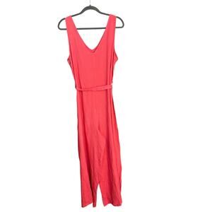 Lungo Larno Italy Jumpsuit M Coral Linen Blend Tie Belt Wide Leg V-neck Summer